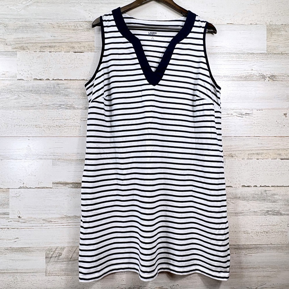 Lands End Striped Shift Dress Womens 1X Navy White Sleeveless Cotton Nautical